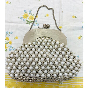 Jana Italy Beaded Evening Purse Silver Crochet White Beads Chain Handle Vintage